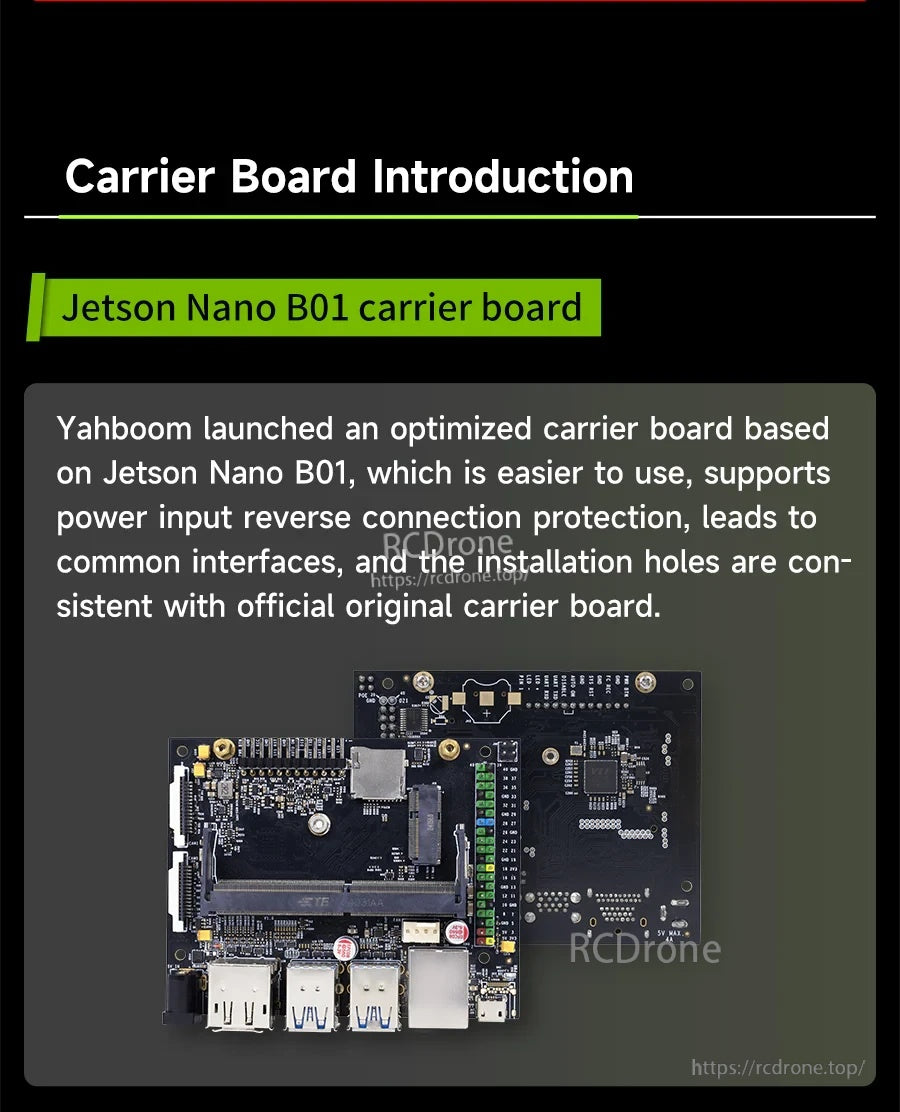 Carrier board introduction text for Jetson Nano B01 version with board photo and protection notes