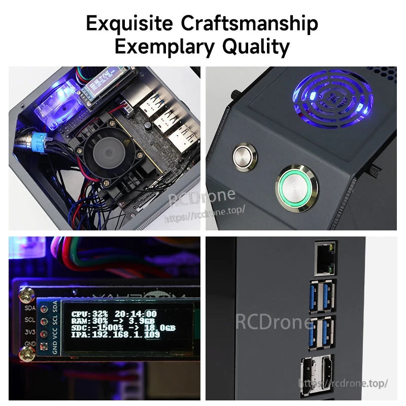 Quality detail collage: internal fan, top power button and vent, OLED status display, and rear I/O ports