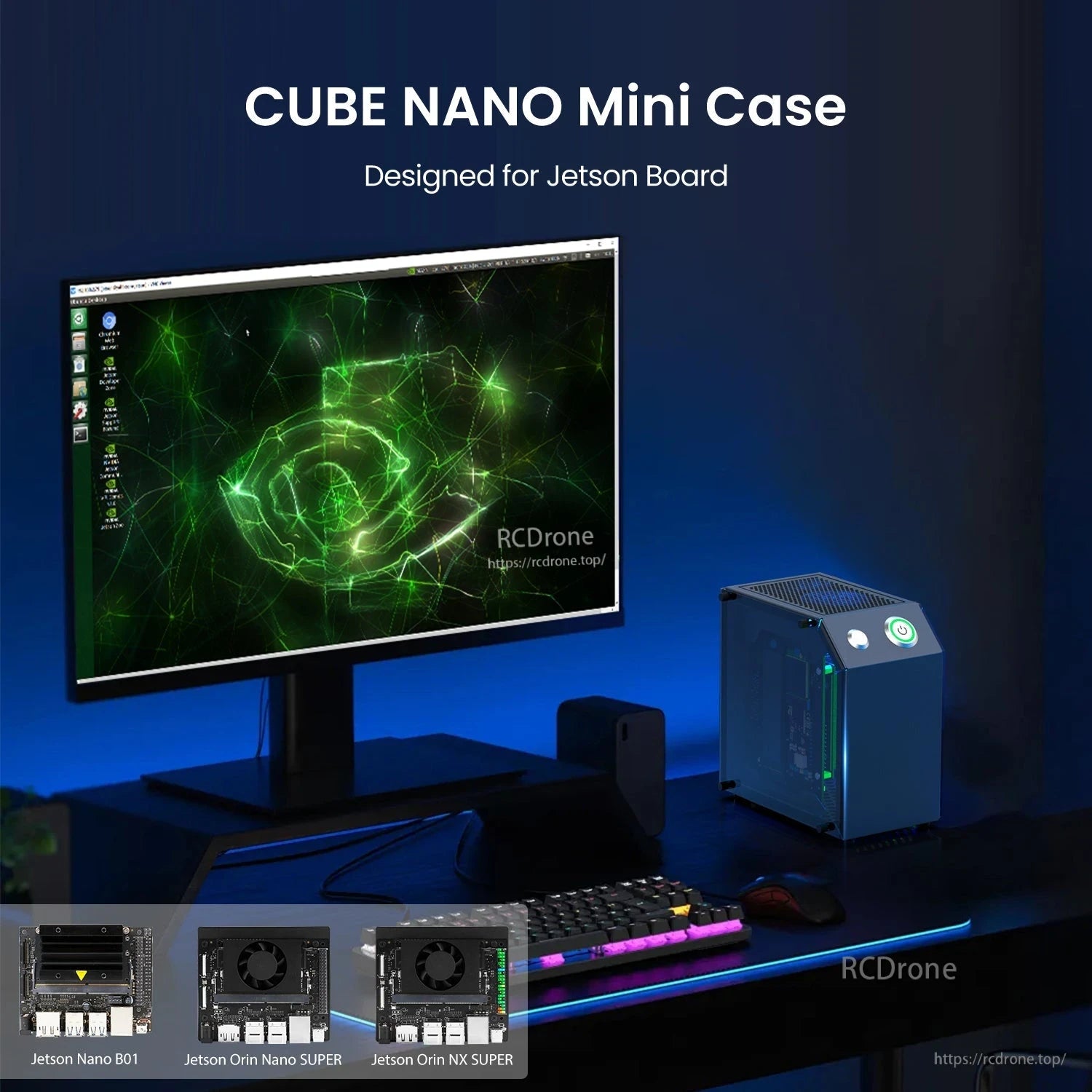 CUBE NANO mini case on desktop setup beside monitor and keyboard, designed for Jetson boards