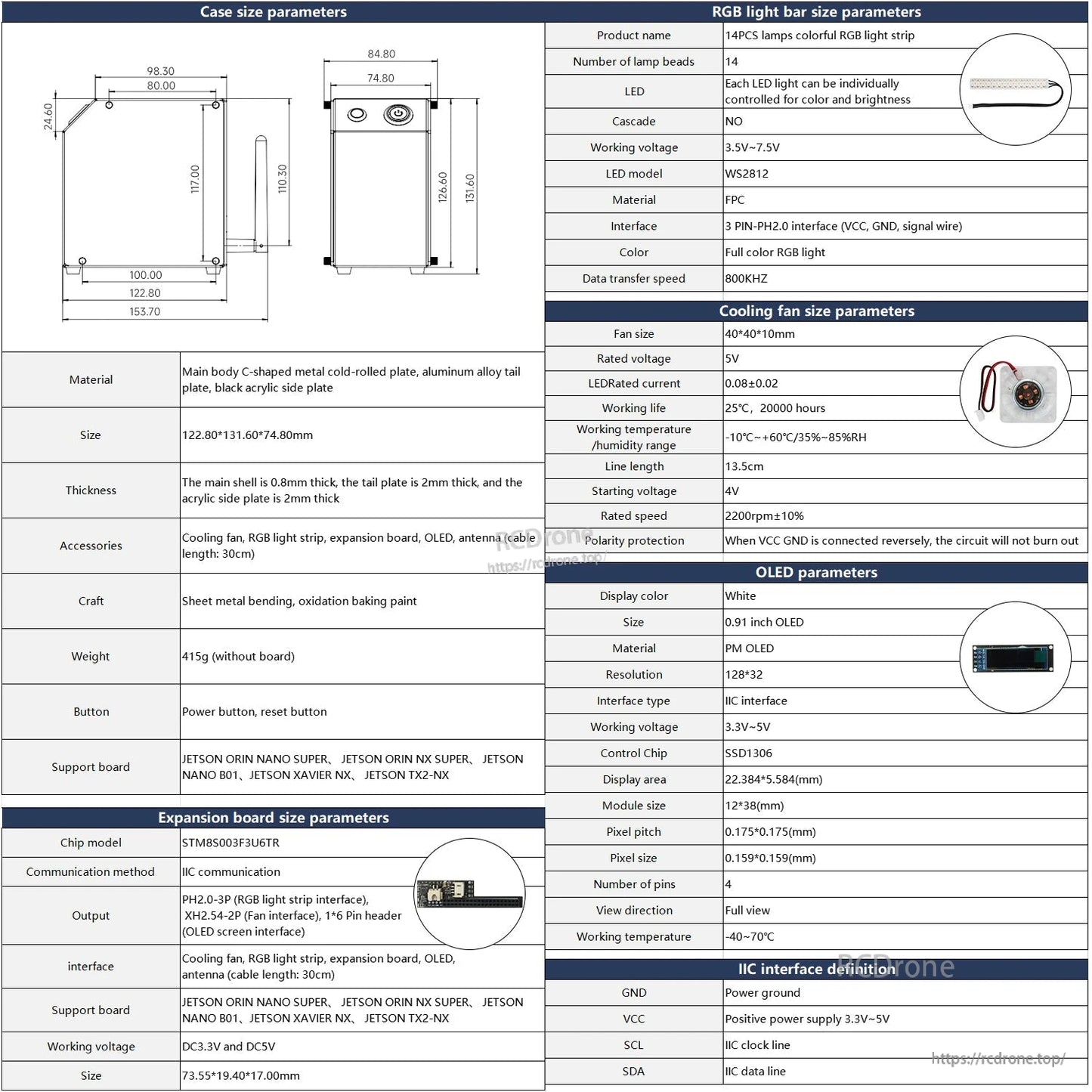 Case size and component parameter sheet for CUBE NANO mini case, RGB light bar, fan and OLED module