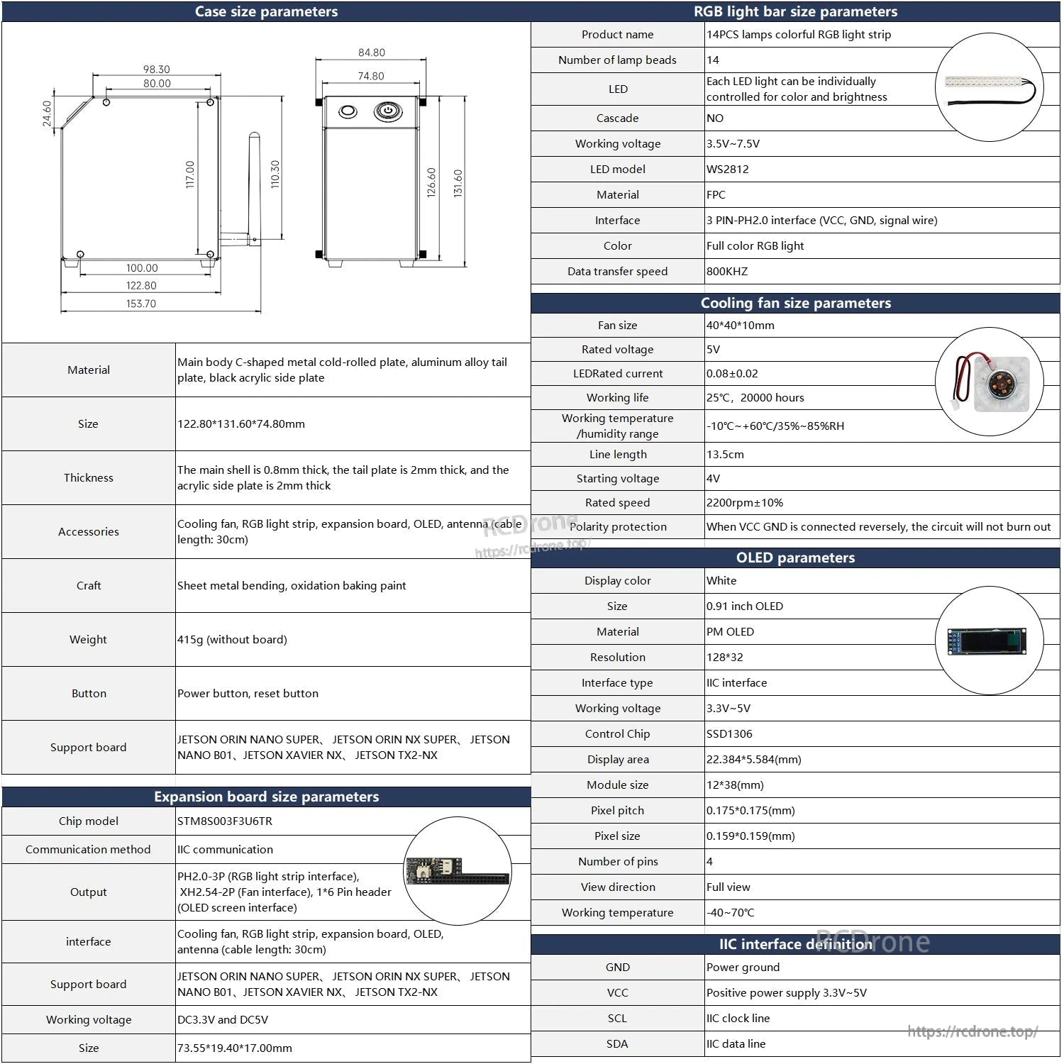 Case size and component parameter sheet for CUBE NANO mini case, RGB light bar, fan and OLED module