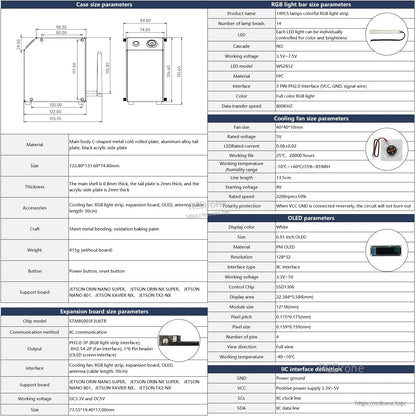 Case size and component parameter sheet for CUBE NANO mini case, RGB light bar, fan and OLED module
