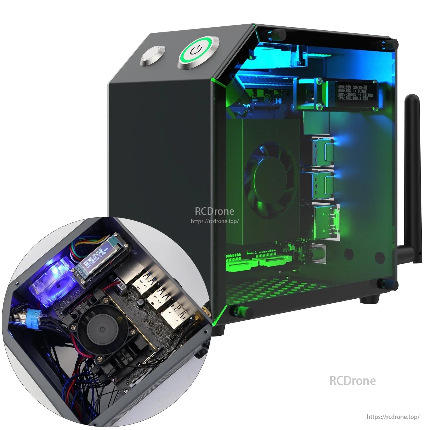 Front angled view of case with transparent side panel and internal components, with inset close-up of wiring