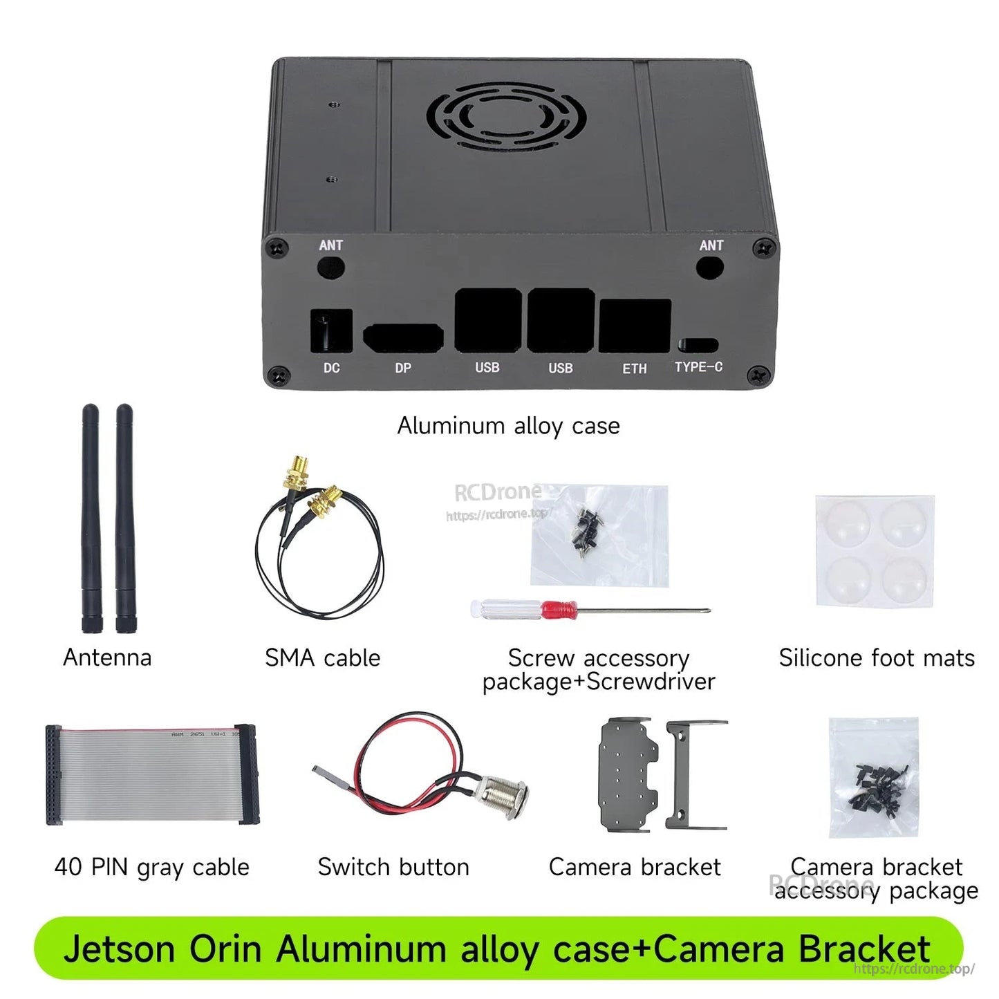 Package contents with camera bracket: case, antennas, SMA cable, screws, feet, 40-pin cable, switch and bracket