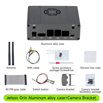 Package contents with camera bracket: case, antennas, SMA cable, screws, feet, 40-pin cable, switch and bracket