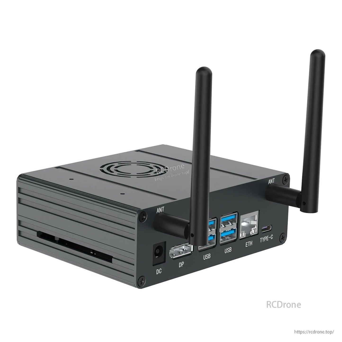 Yahboom Jetson Orin Aluminum Alloy Case front I/O view with dual antennas, ports and labels visible
