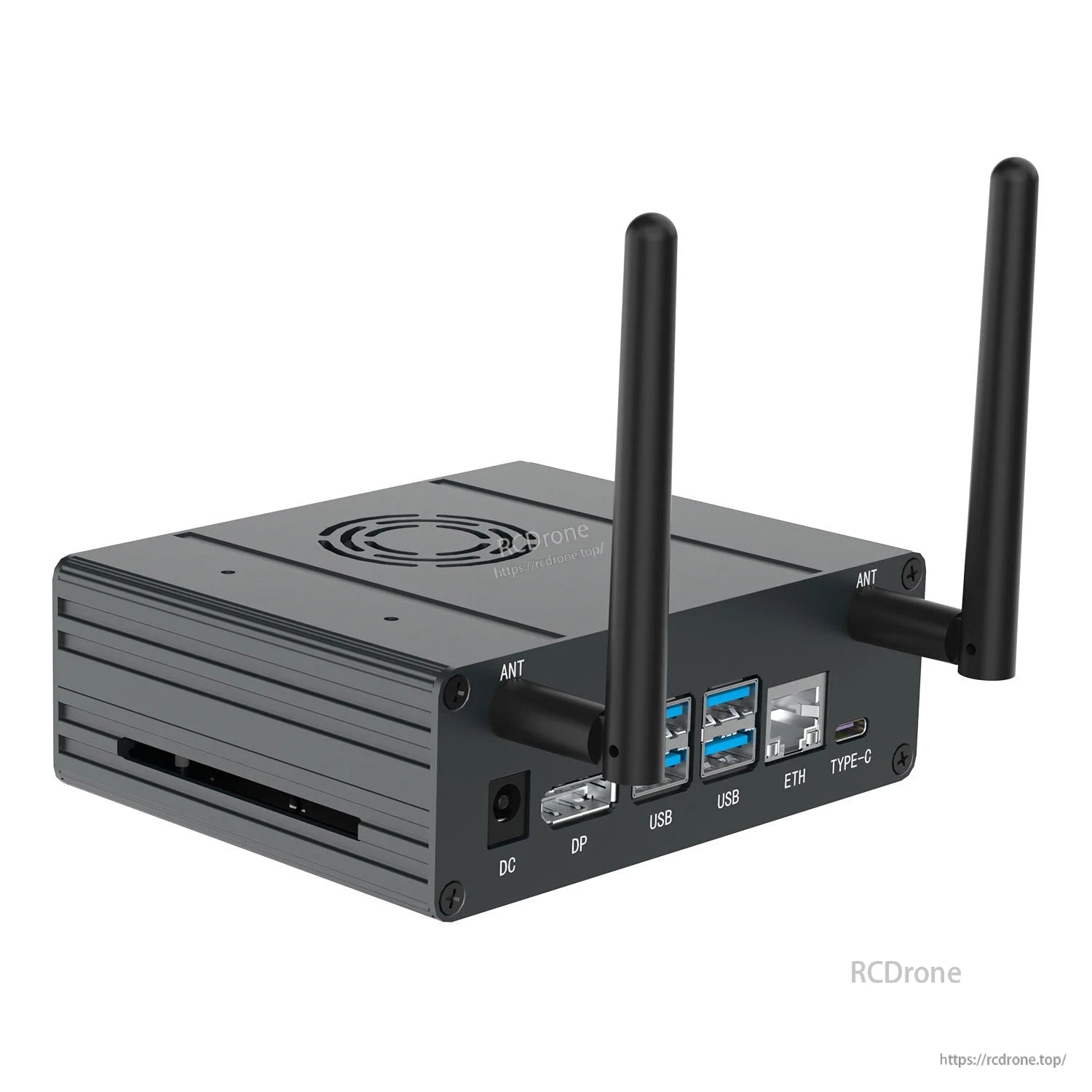 Yahboom Jetson Orin Aluminum Alloy Case front I/O view with dual antennas, ports and labels visible