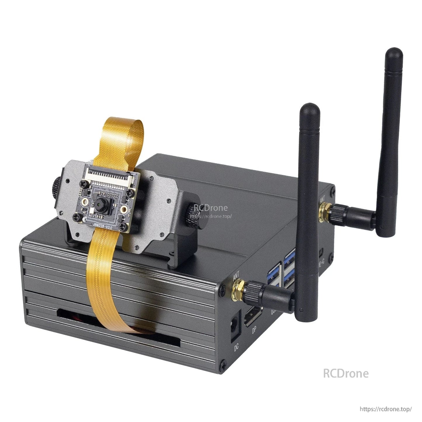 Camera module mounted on bracket with ribbon cable looped over case, dual antennas attached