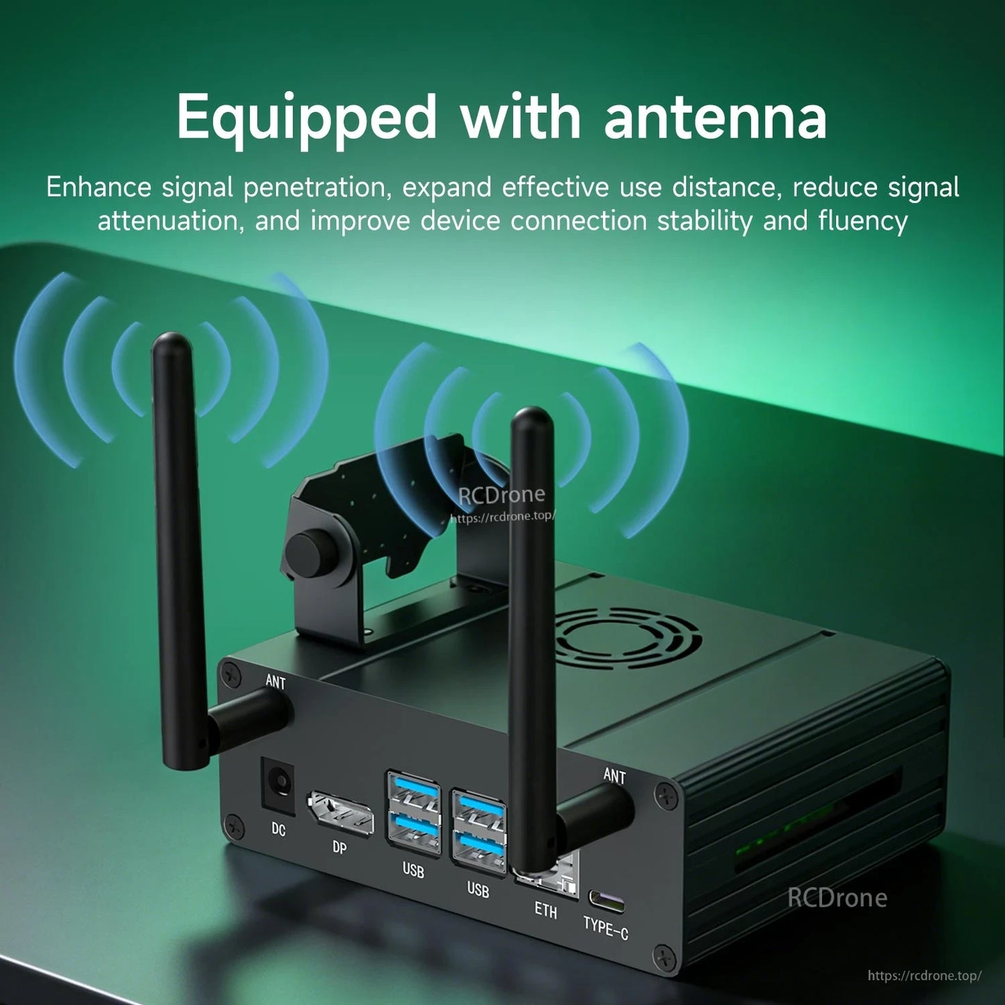 Aluminum case with dual external antennas installed, front I/O panel view with labeled ports