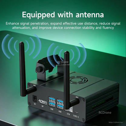 Aluminum case with dual external antennas installed, front I/O panel view with labeled ports