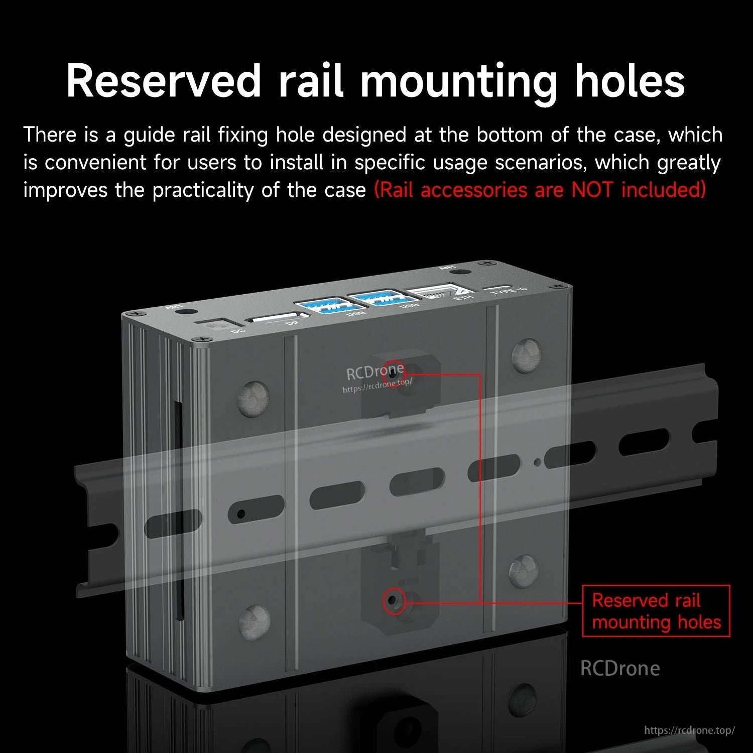 Bottom view showing reserved rail mounting holes for guide rail installation