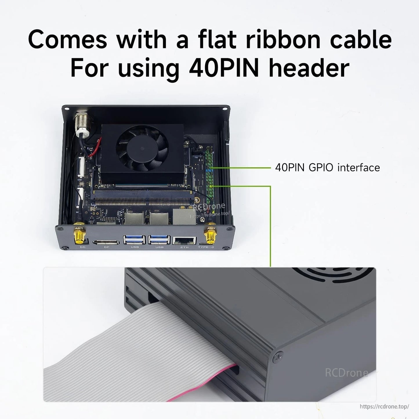 Case opened showing internal board area and 40-pin GPIO flat ribbon cable routing