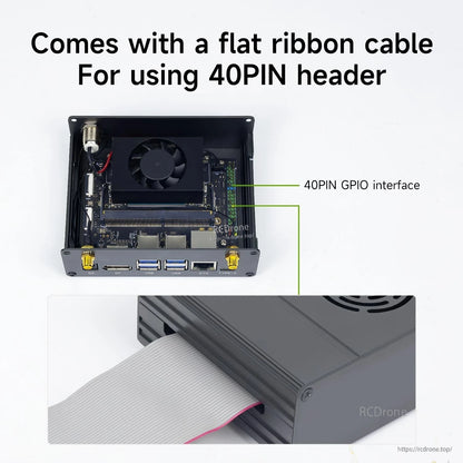 Case opened showing internal board area and 40-pin GPIO flat ribbon cable routing