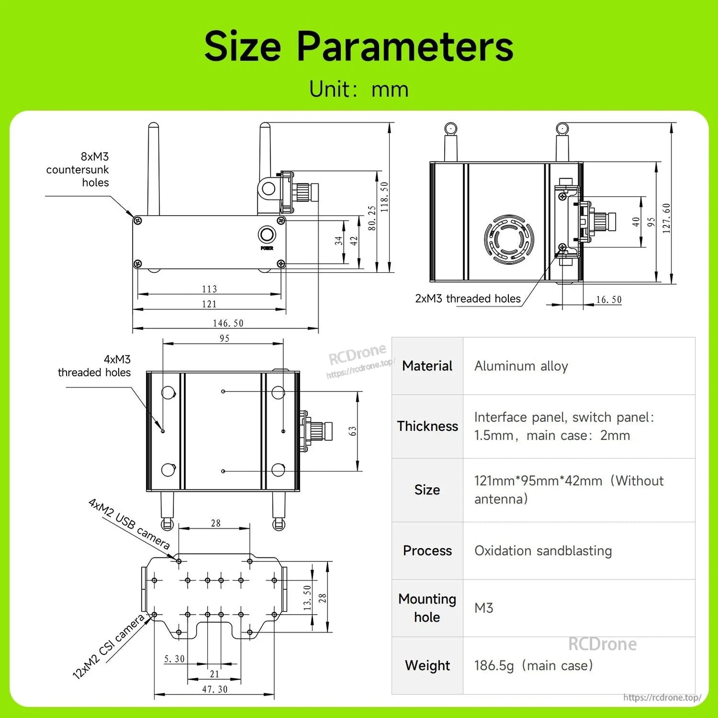 Dimension drawing and material table for aluminum alloy case, size parameters in millimeters