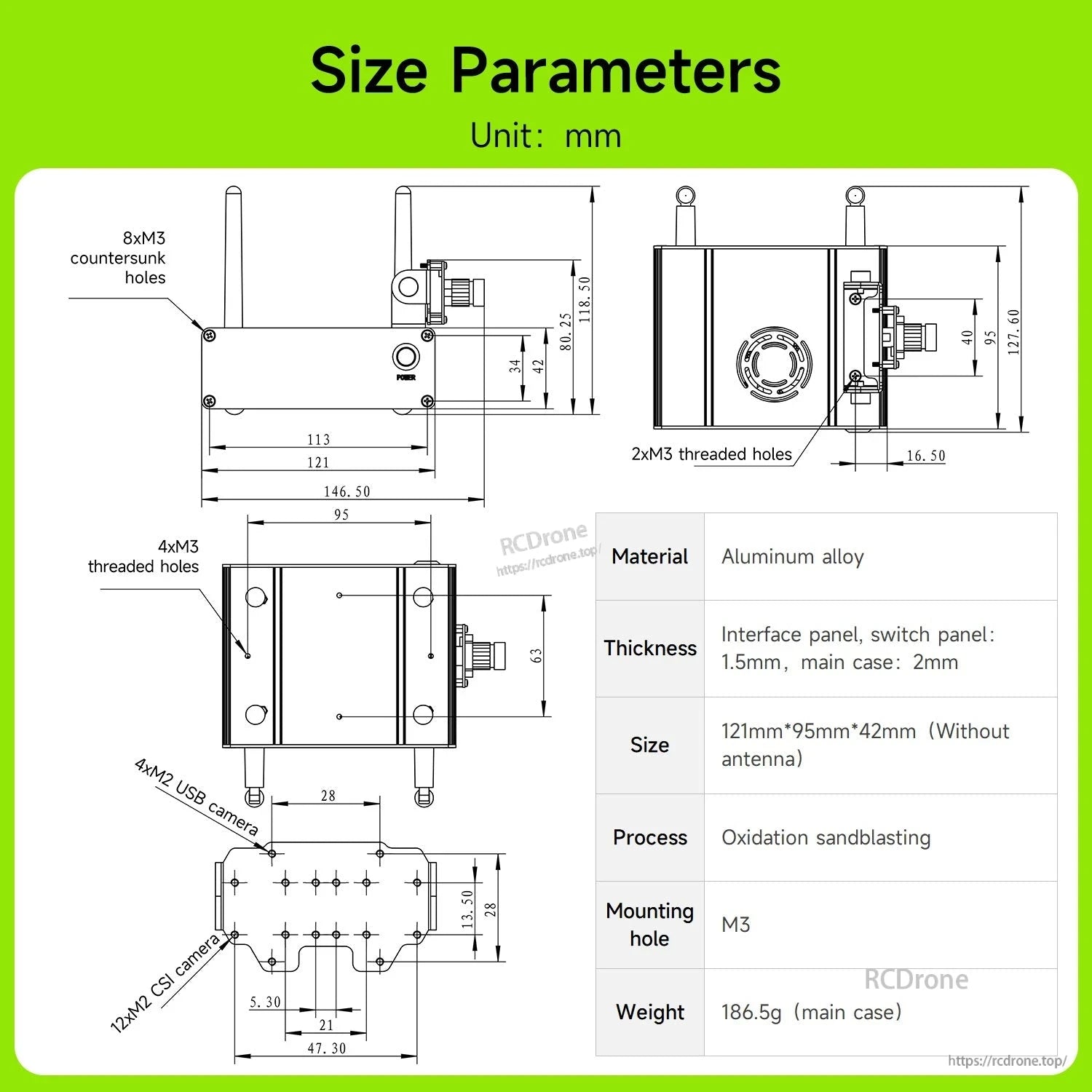 Dimension drawing and material table for aluminum alloy case, size parameters in millimeters