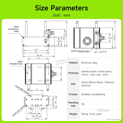 Dimension drawing and material table for aluminum alloy case, size parameters in millimeters