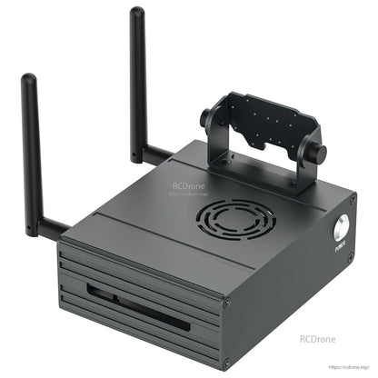 Top and side view of case with two antennas and camera bracket installed, power button visible
