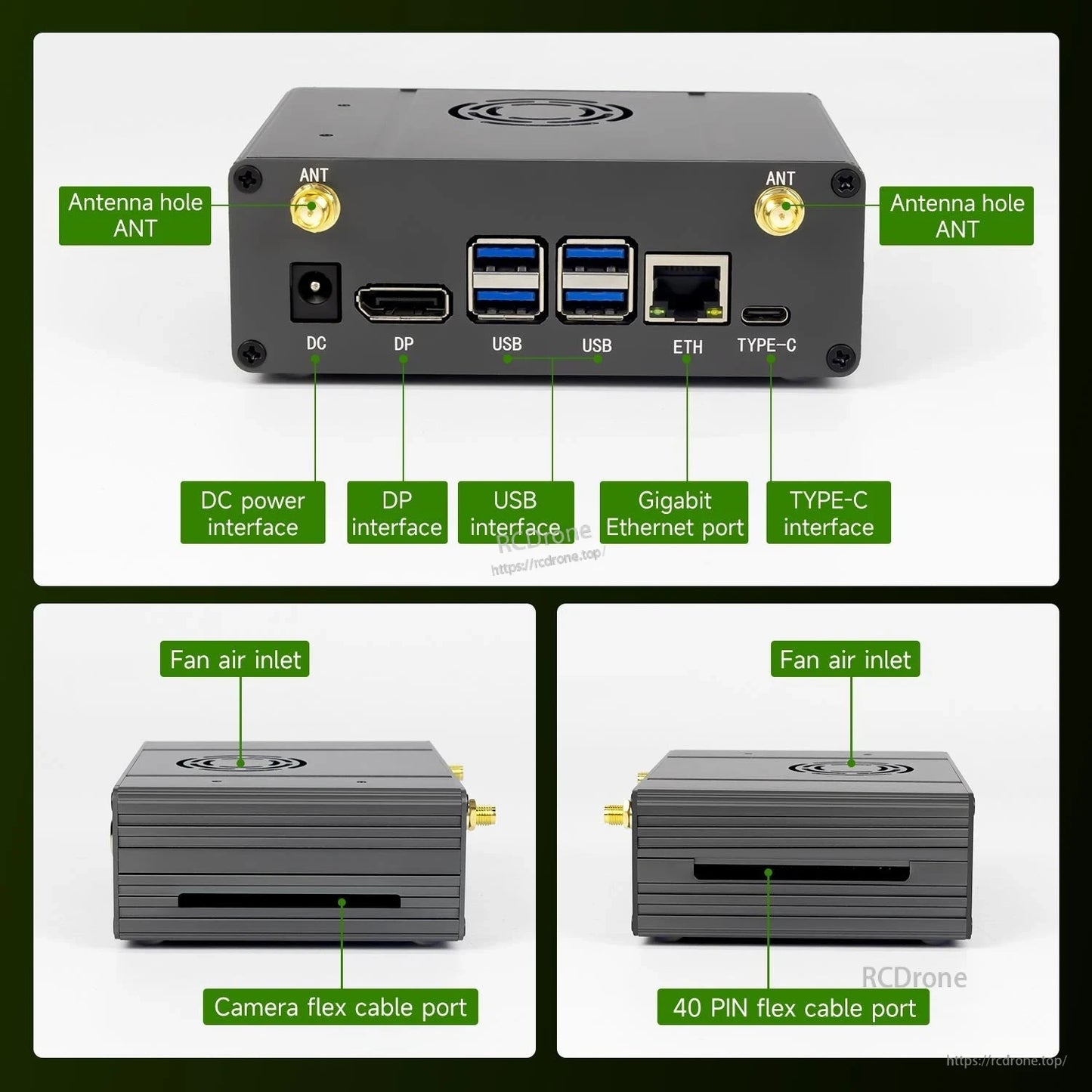 Port and slot overview: DC, DP, USB, Ethernet, USB-C plus camera flex and 40-pin cable openings