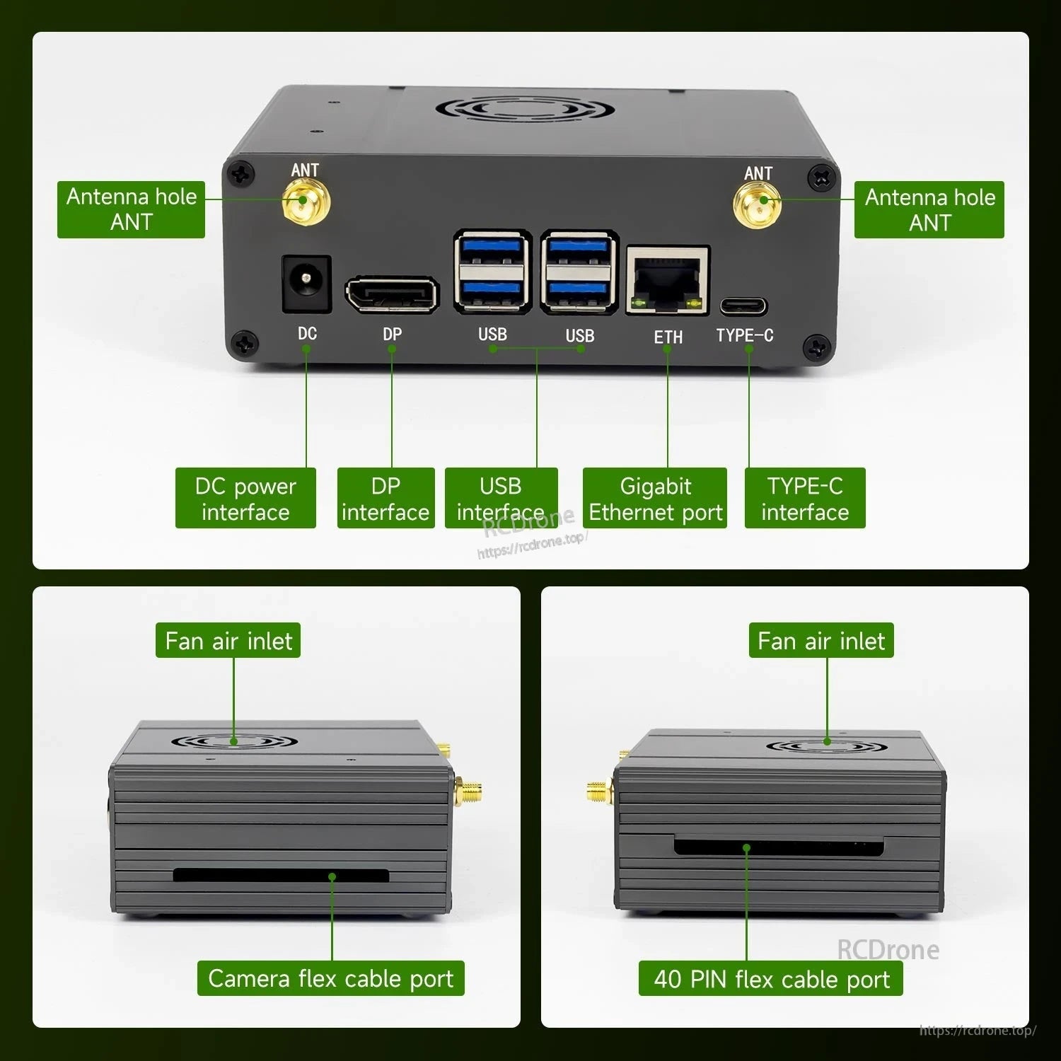 Port and slot overview: DC, DP, USB, Ethernet, USB-C plus camera flex and 40-pin cable openings