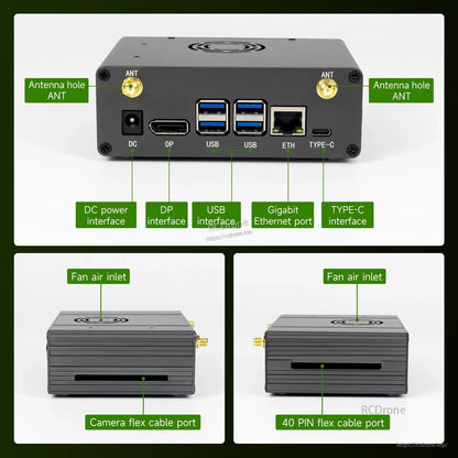 Port and slot overview: DC, DP, USB, Ethernet, USB-C plus camera flex and 40-pin cable openings