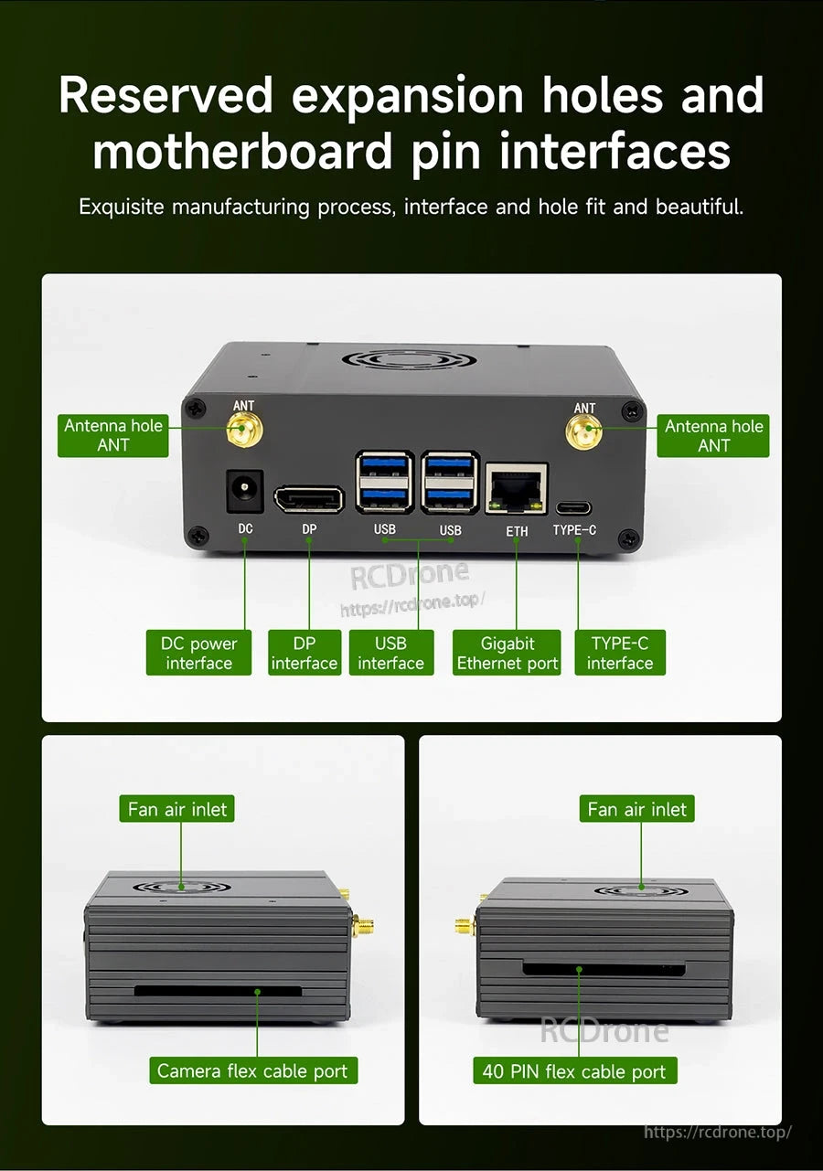 I/O labeling and expansion access: DC power, DP, USB, Gigabit Ethernet, Type‑C, dual ANT, camera and 40‑pin ports