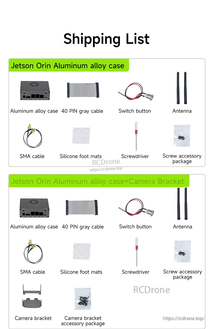 Shipping list for Jetson Orin aluminum alloy case kit with 40-pin cable, switch button, antennas, SMA cable, tools