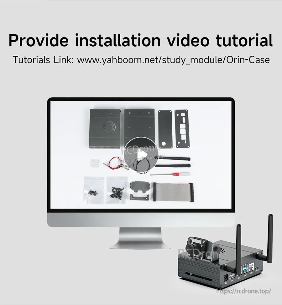 Installation video tutorial link graphic for the Yahboom Orin Case, with parts layout and assembled case preview
