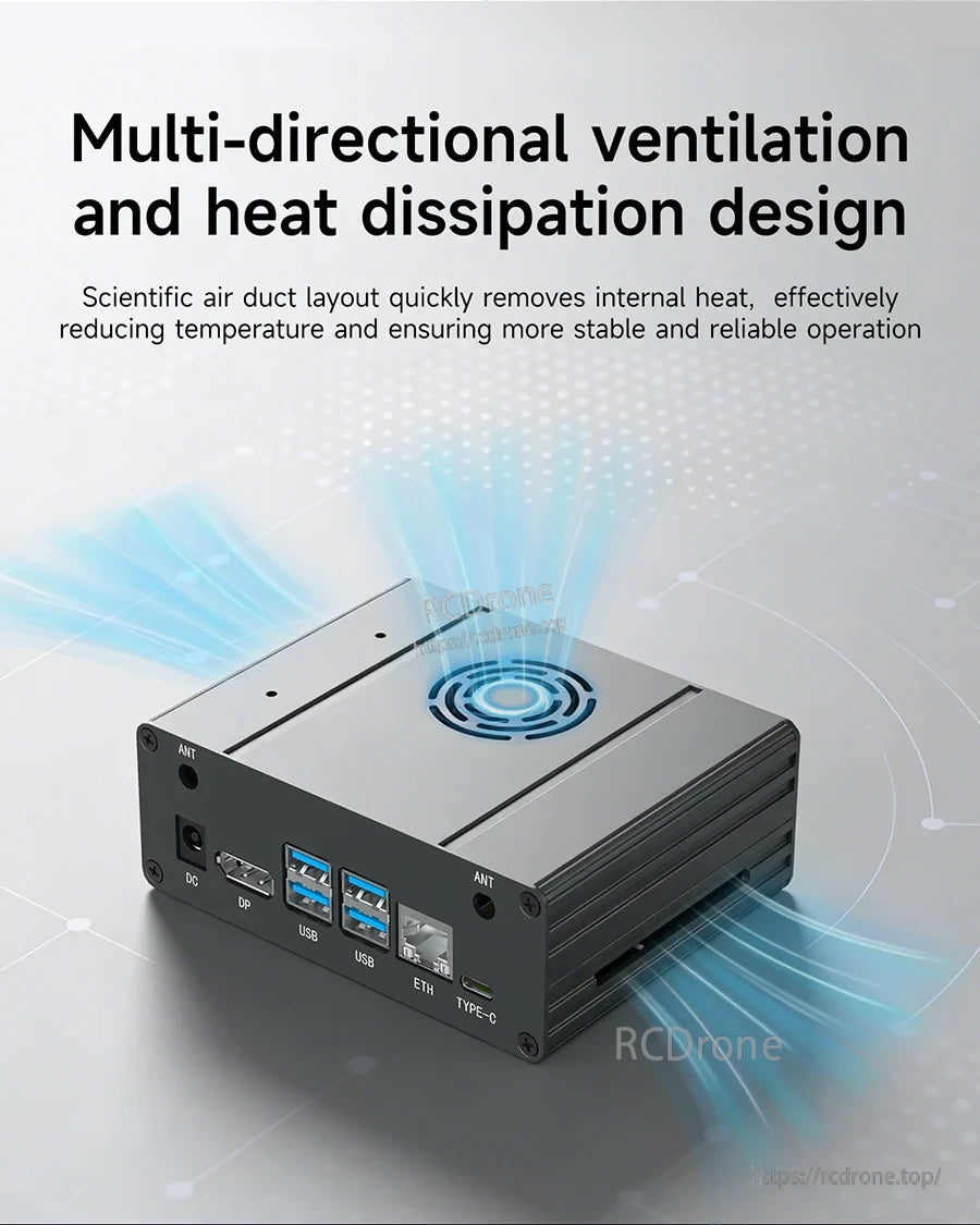 Multi-directional ventilation design with top fan opening and side fins to support efficient heat dissipation
