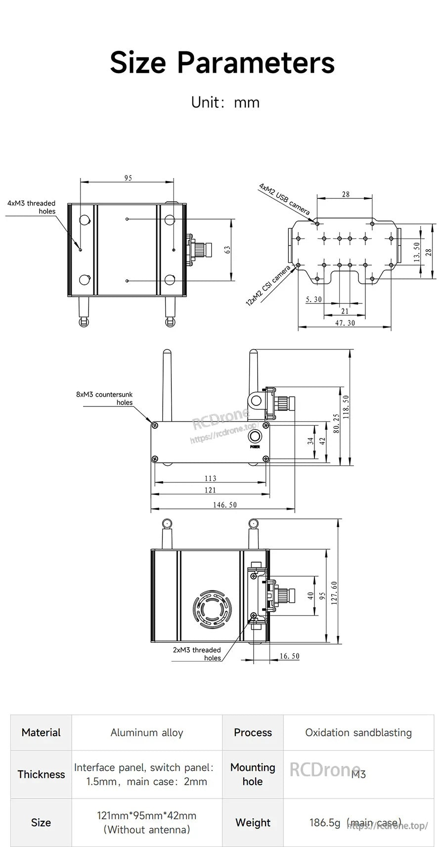 Technical drawing of Yahboom Jetson Orin aluminum alloy case with dimensions, mounting holes, and 121×99×57 mm size.