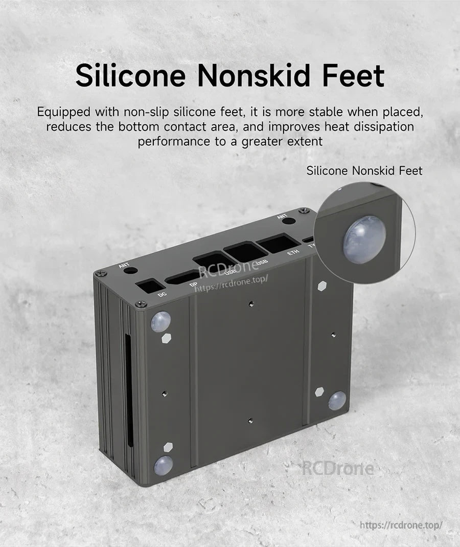 Bottom view with silicone nonskid feet to improve stability and reduce contact area for better heat dissipation