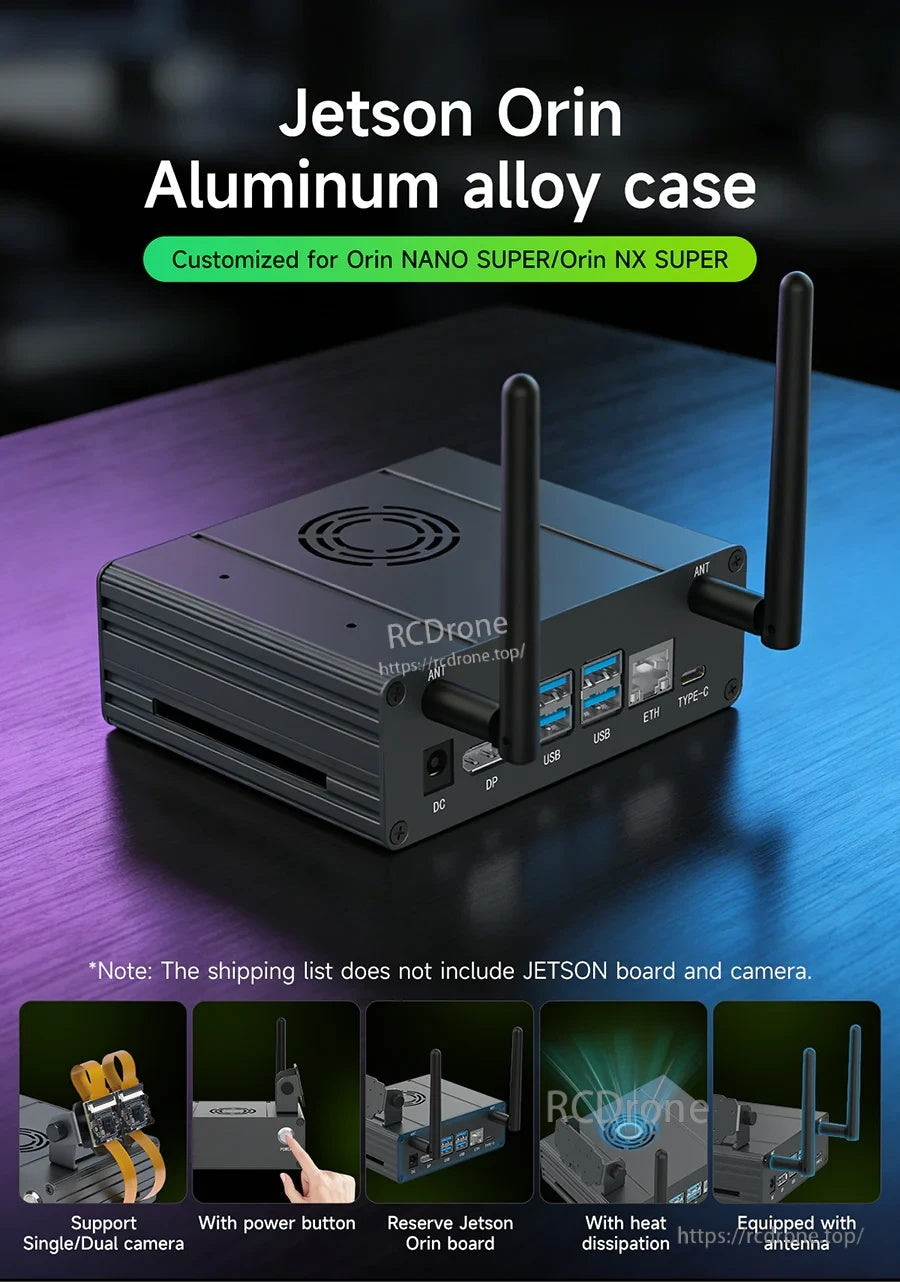 Yahboom Jetson Orin Aluminum Alloy Case with dual antennas and full I/O access, gray anodized finish