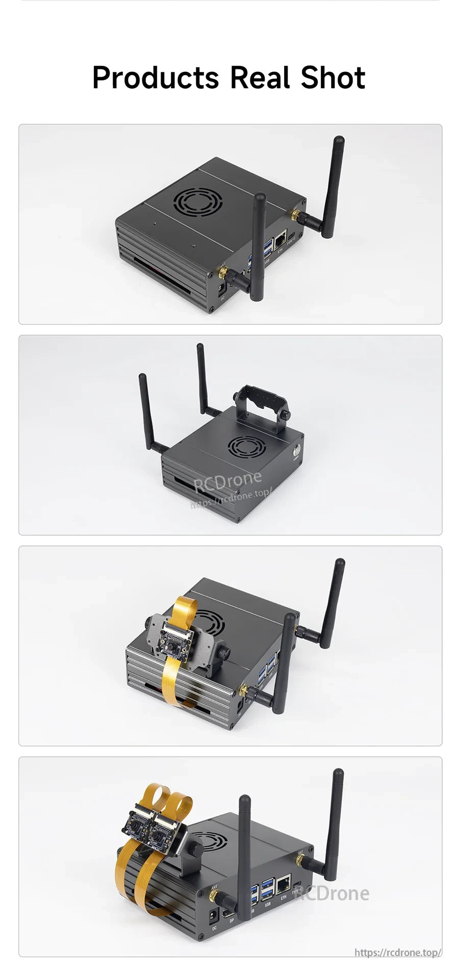 Yahboom Jetson Orin aluminum alloy case with cooling fan top, handle, dual antennas, and side I/O ports