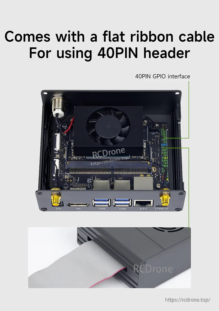 Internal view showing included flat ribbon cable for accessing the 40‑pin GPIO header inside the case