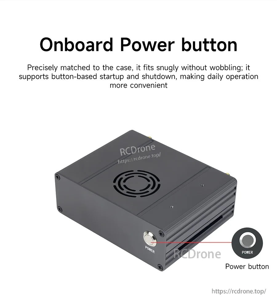 Onboard power button integrated into the front panel of the aluminum case for easier startup and shutdown