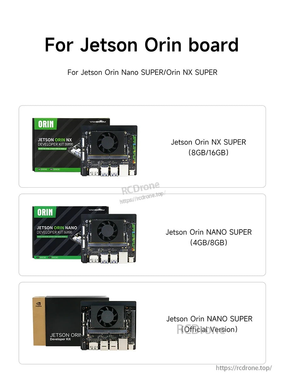 Compatible Jetson Orin boards list: Orin NX SUPER (8GB/16GB) and Orin Nano SUPER (4GB/8GB)