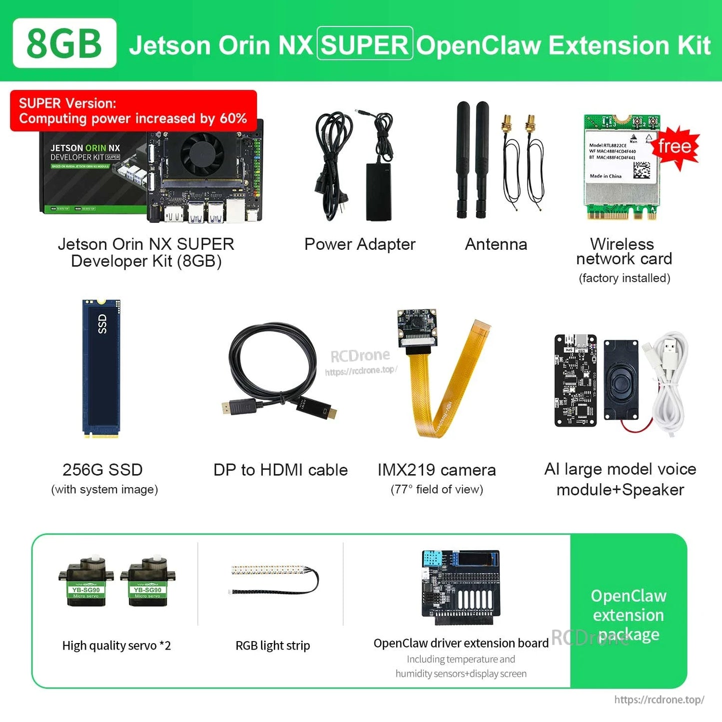 Yahboom Jetson Orin NX SUPER developer kit 8GB bundle with power adapter, antennas, SSD, IMX219 camera and accessories