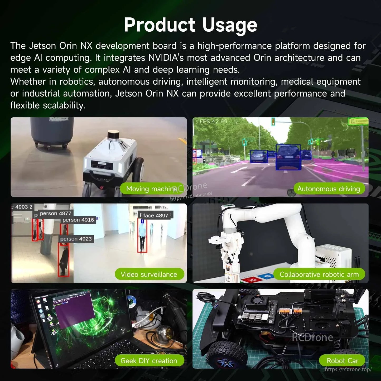 Edge AI product usage examples: autonomous driving, video surveillance, robot arm, robot car and DIY projects