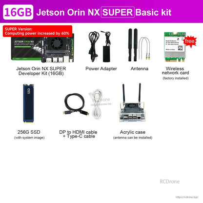 16GB Jetson Orin NX SUPER Basic kit contents: power adapter, antennas, Wi‑Fi card, 256GB SSD, DP to HDMI and Type‑C cables, acrylic case