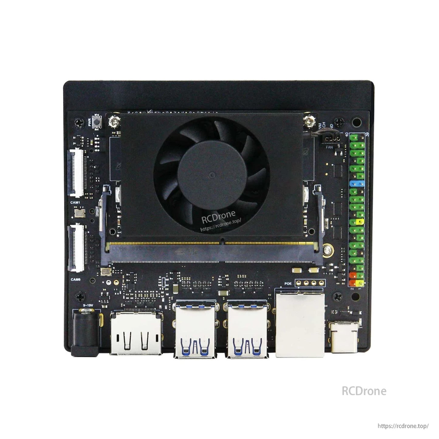Yahboom Jetson Orin NX SUPER Developer Kit carrier board top view with fan, USB ports, Ethernet and GPIO terminals