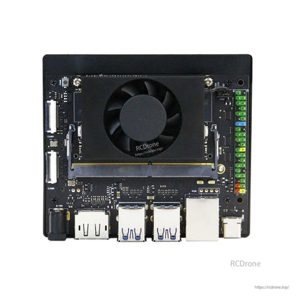 Yahboom Jetson Orin NX SUPER Developer Kit carrier board top view with fan, USB ports, Ethernet and GPIO terminals