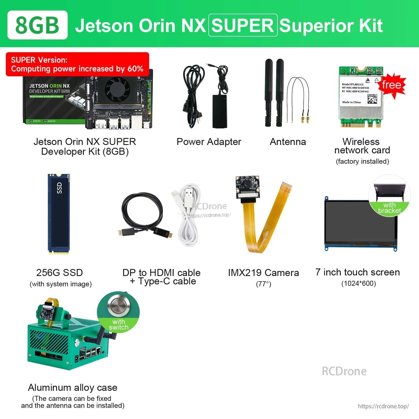 8GB Jetson Orin NX SUPER Superior kit contents with IMX219 camera, 7-inch touch screen and aluminum alloy case