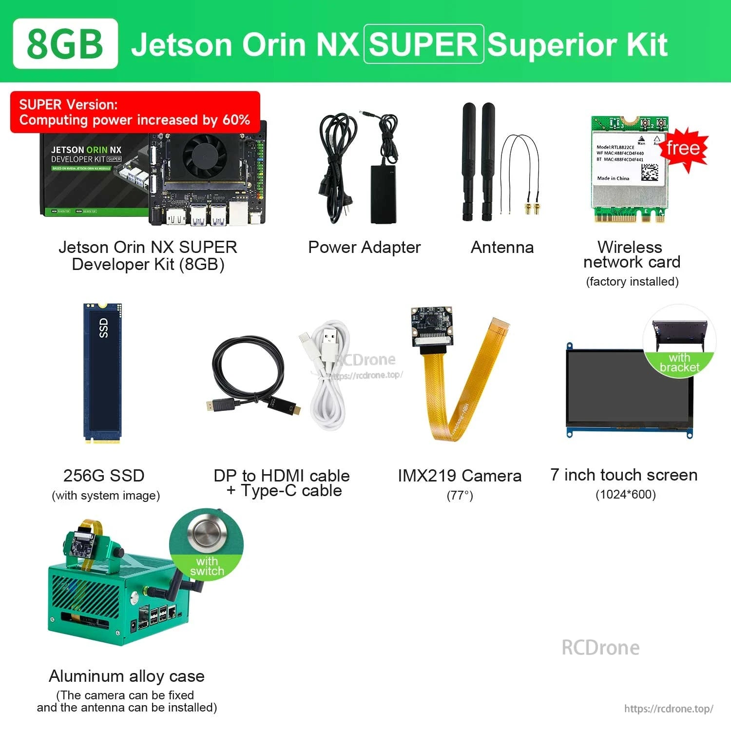 8GB Jetson Orin NX SUPER Superior kit contents with IMX219 camera, 7-inch touch screen and aluminum alloy case