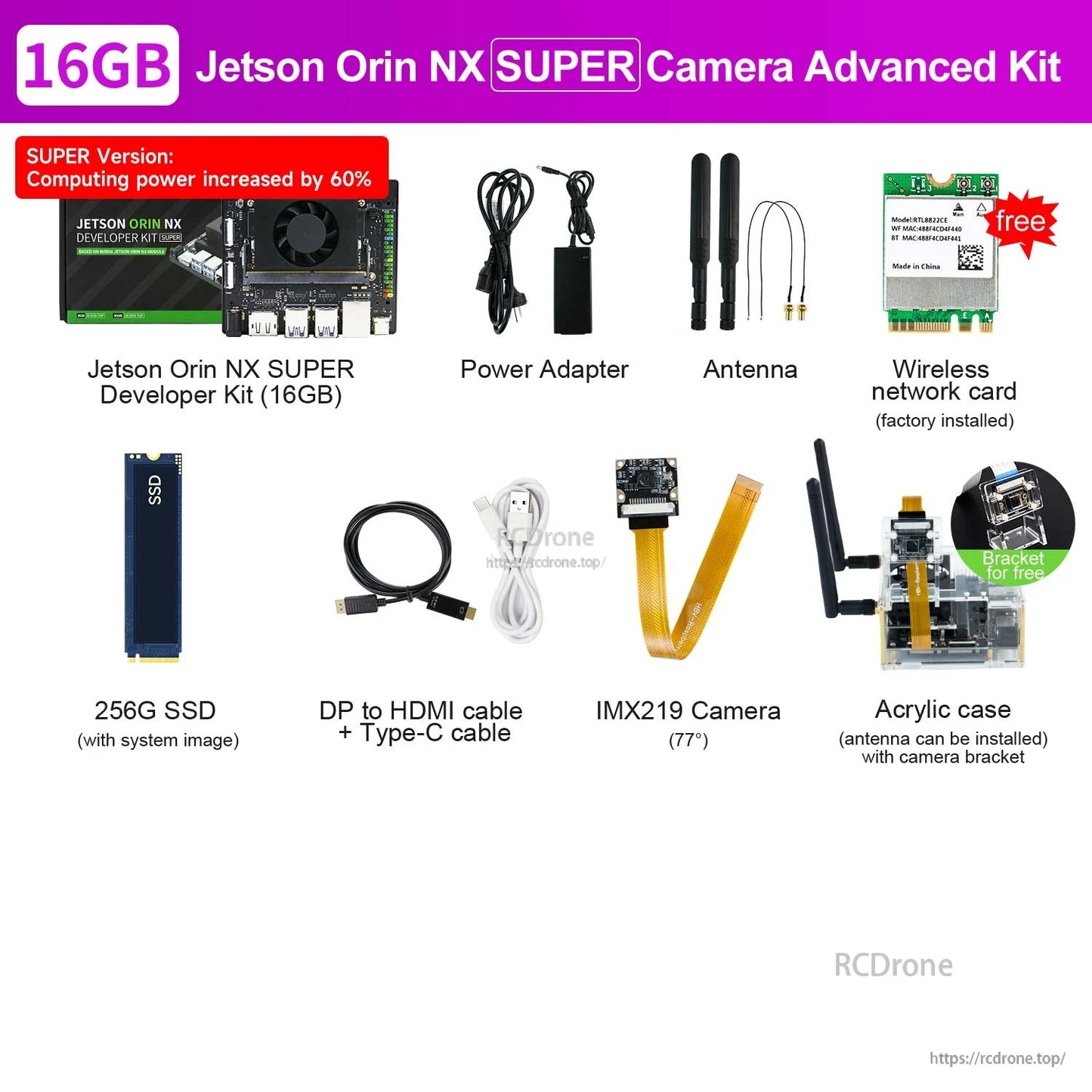 16GB Jetson Orin NX SUPER Camera Advanced kit contents with IMX219 camera and acrylic case
