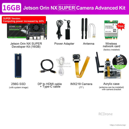 16GB Jetson Orin NX SUPER Camera Advanced kit contents with IMX219 camera and acrylic case