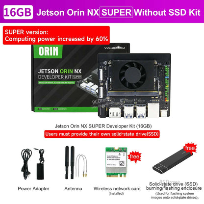 Yahboom Jetson Orin NX SUPER 16GB developer kit board with fan, power adapter, antennas, Wi‑Fi card and SSD enclosure