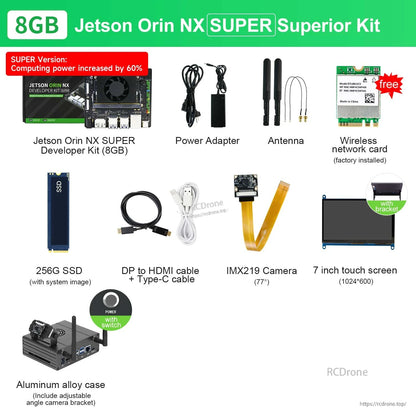 Yahboom Jetson Orin NX SUPER developer kit bundle with power adapter, antennas, SSD, IMX219 camera and 7" touchscreen