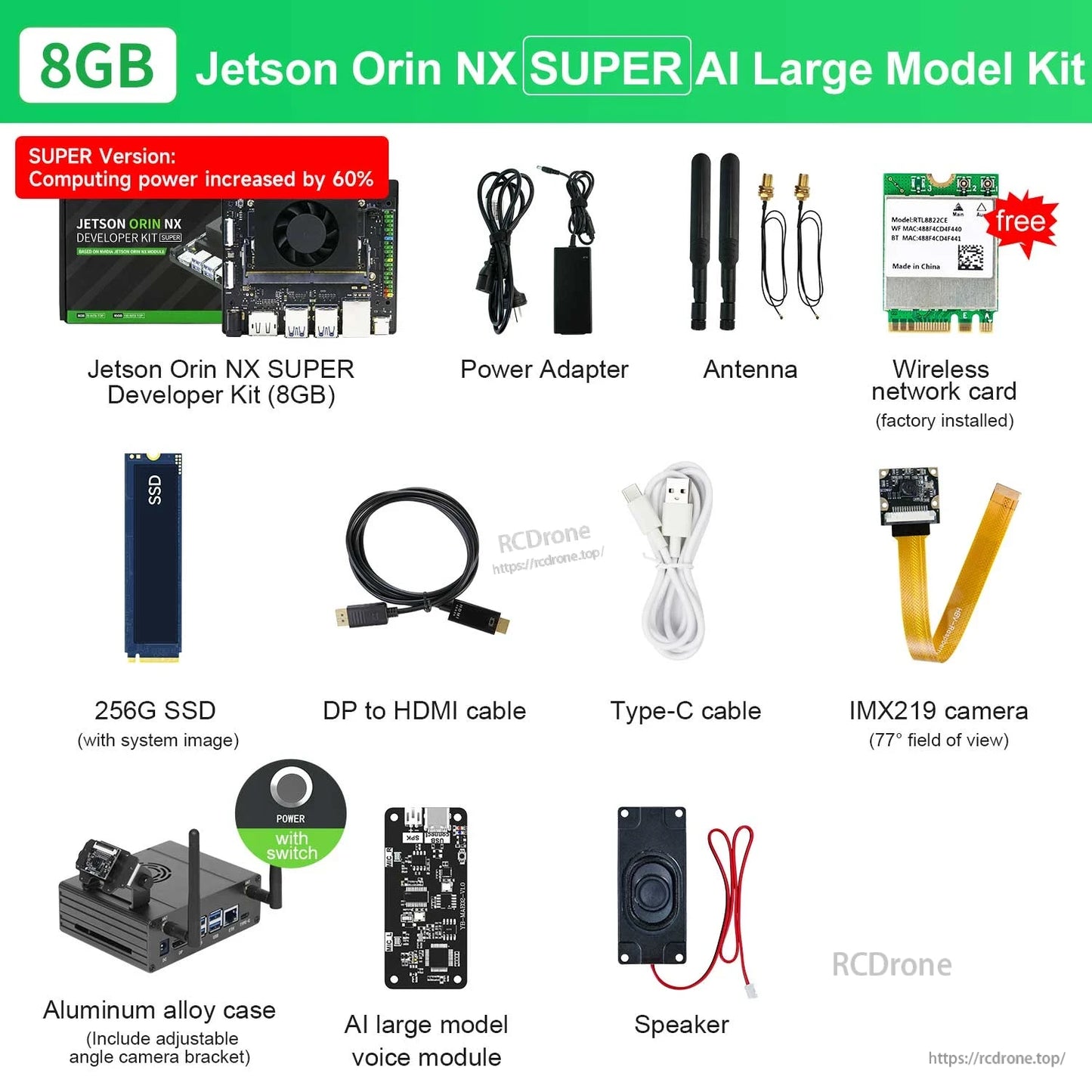 Yahboom Jetson Orin NX SUPER developer kit bundle with power adapter, antennas, 256GB SSD, cables, IMX219 camera and case
