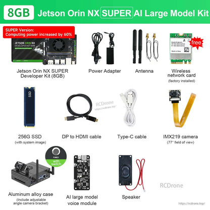 Yahboom Jetson Orin NX SUPER developer kit bundle with power adapter, antennas, 256GB SSD, cables, IMX219 camera and case