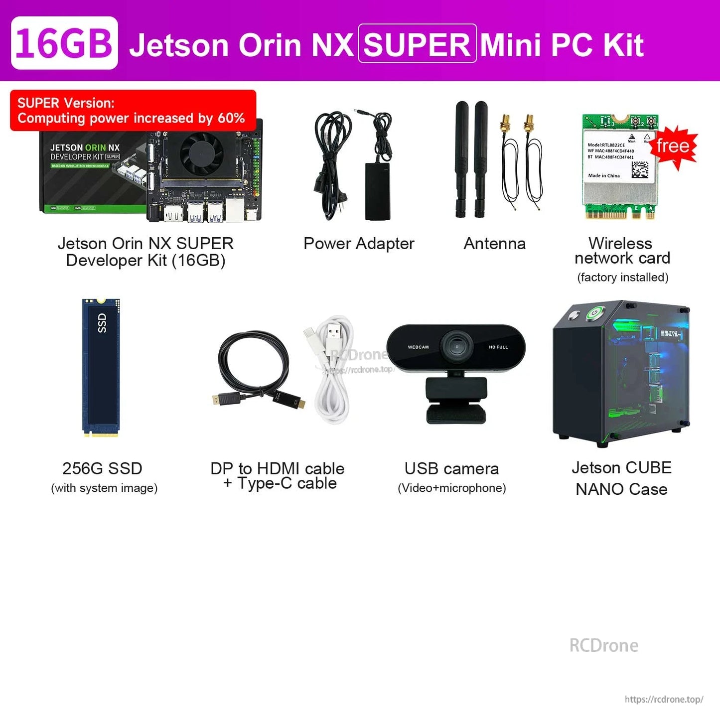 Yahboom Jetson Orin NX SUPER 16GB developer kit bundle with power adapter, antennas, SSD, cables, USB camera, and case