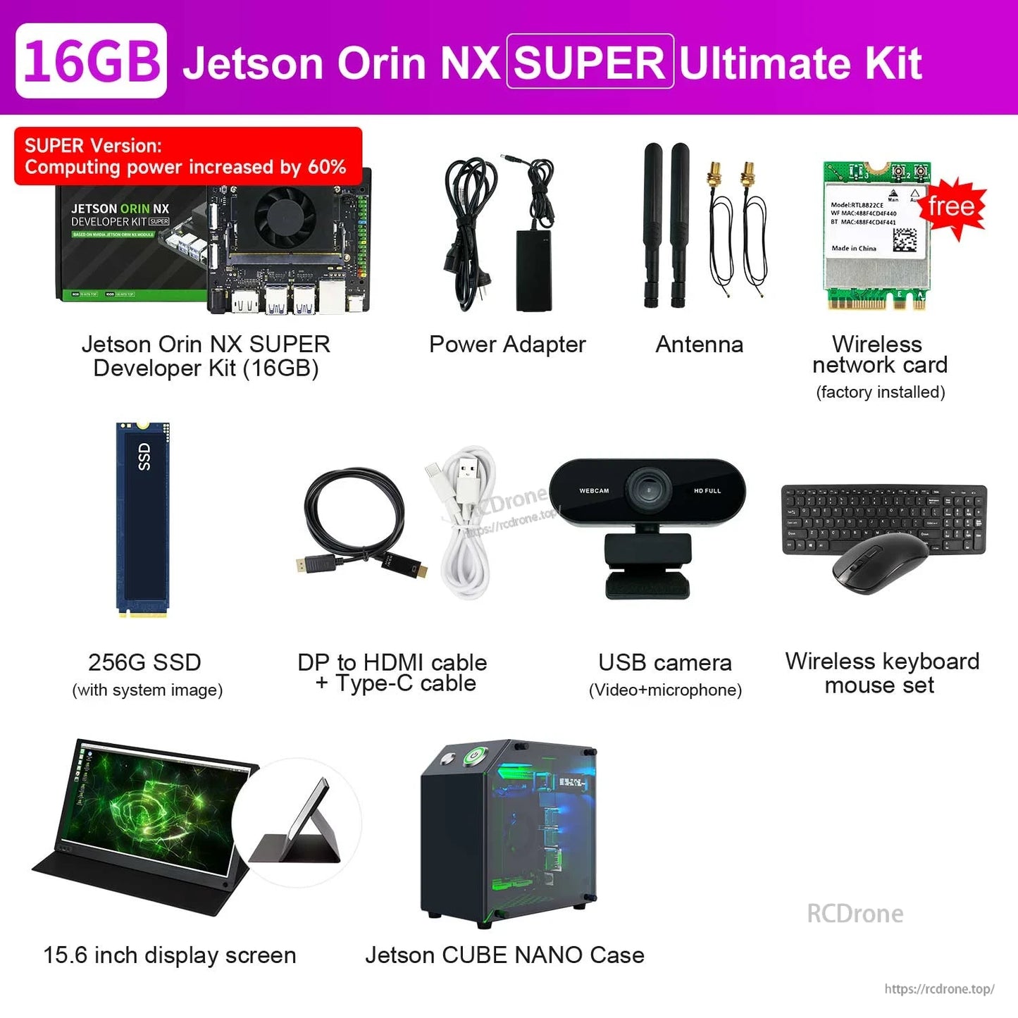 Yahboom Jetson Orin NX SUPER developer kit bundle with board, SSD, antennas, power adapter, camera, keyboard/mouse and 15.6" display